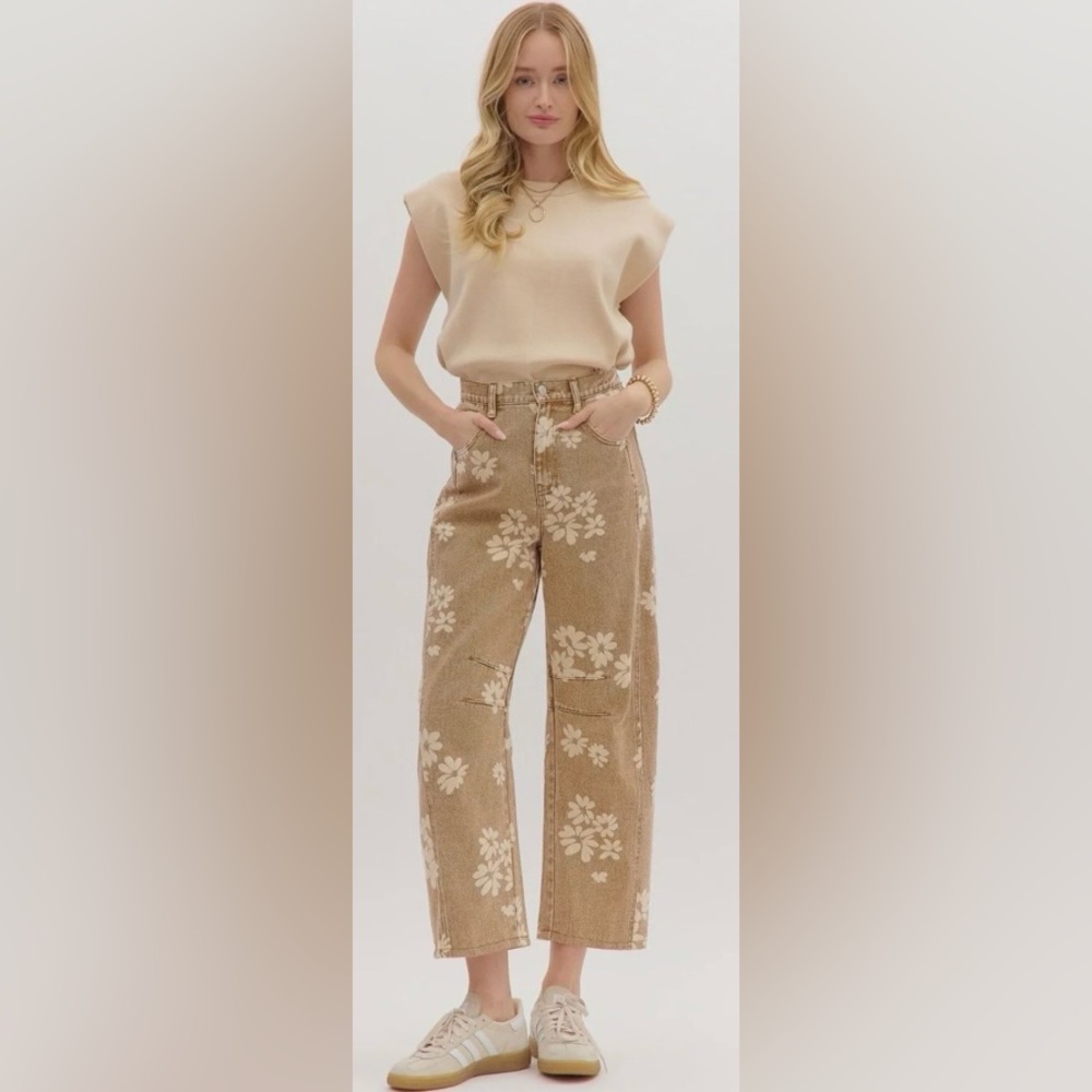 Loving/Women’s Nwt Floral High Rise Barrel Denim Jeans - Tan Size S
